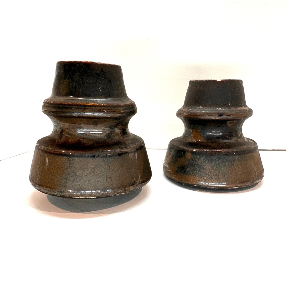 Vintage Brown Glazed Ceramic Telegraph Insulators Pair Rustic Industrial Decor
